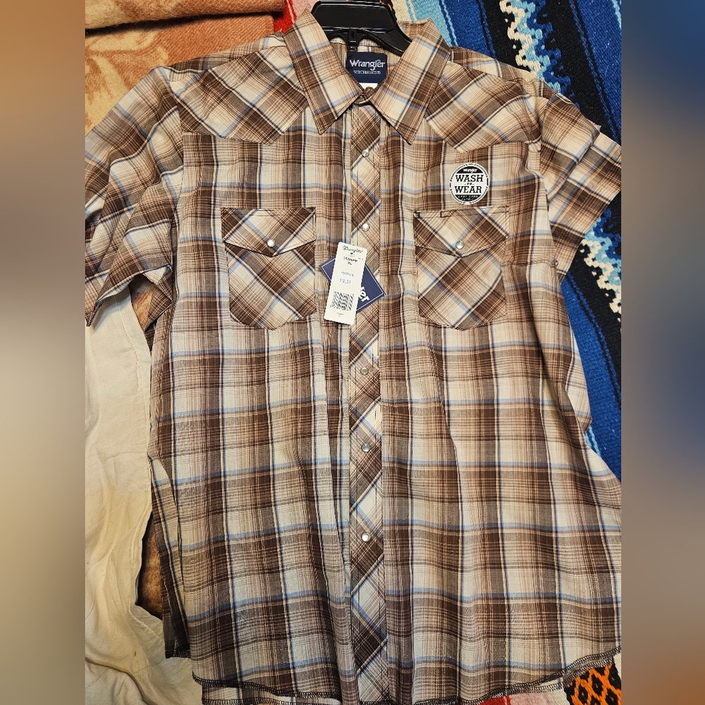 NWT Men's Wrangler Rancher Pearl Snap Short Sleeve Plaid Shirt